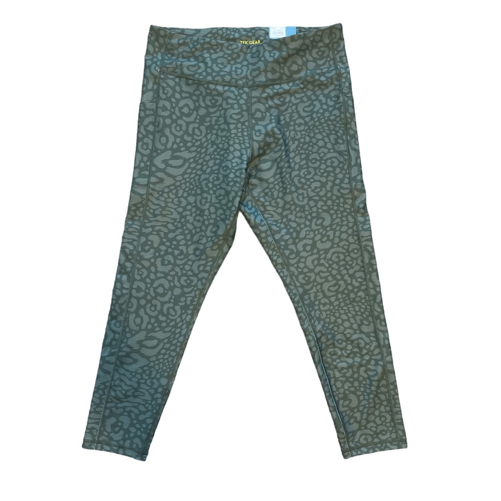 Tek Gear 7/8 Legging High Rise Women Size XXL Green Cheetah Print Side Pockets